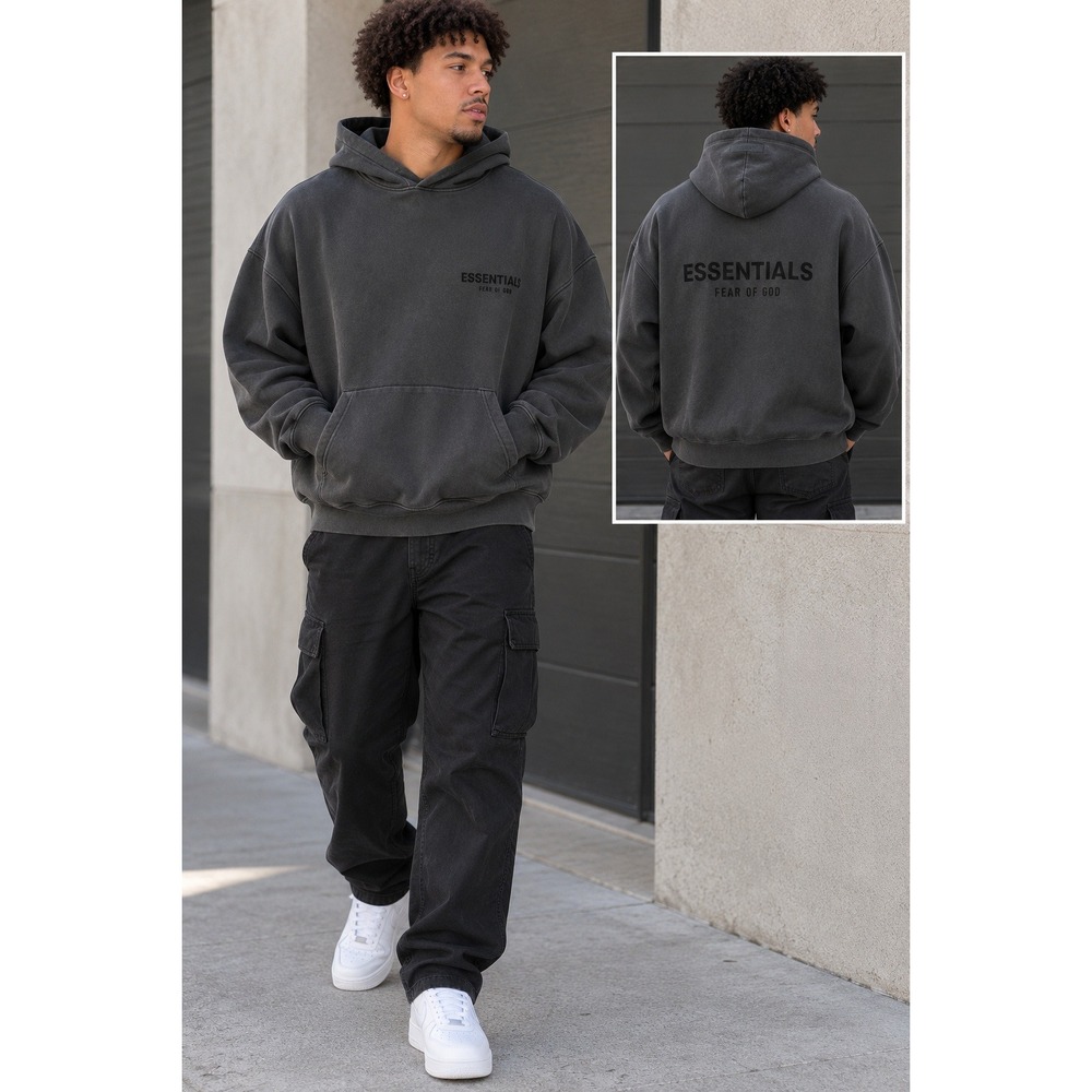 Fear of God Essentials Pullover Hoodie Charcoal Grey Flocked Logo Mens Medium